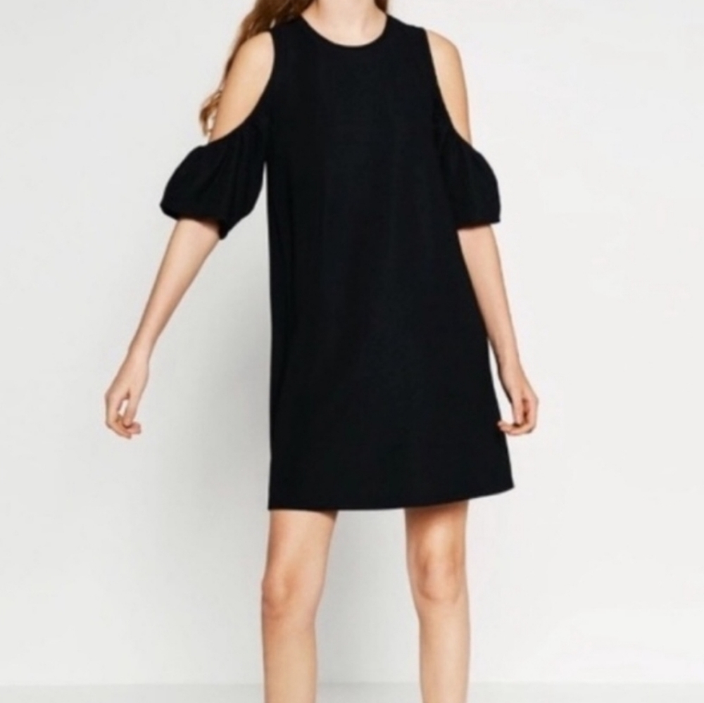 Zara: Black Cold Shoulder Ruffle Sleeve Dress